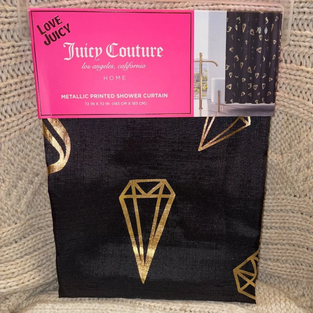 Juicy Couture Metallic Printed Shower Curtain - Black & Gold Diamonds - 72x72